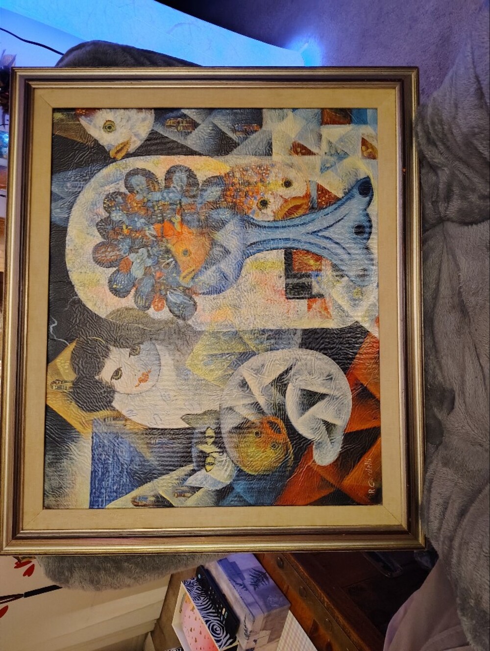 Surrealist Floral Fish Art. Original. Not a Print. In Blue, Orange and White